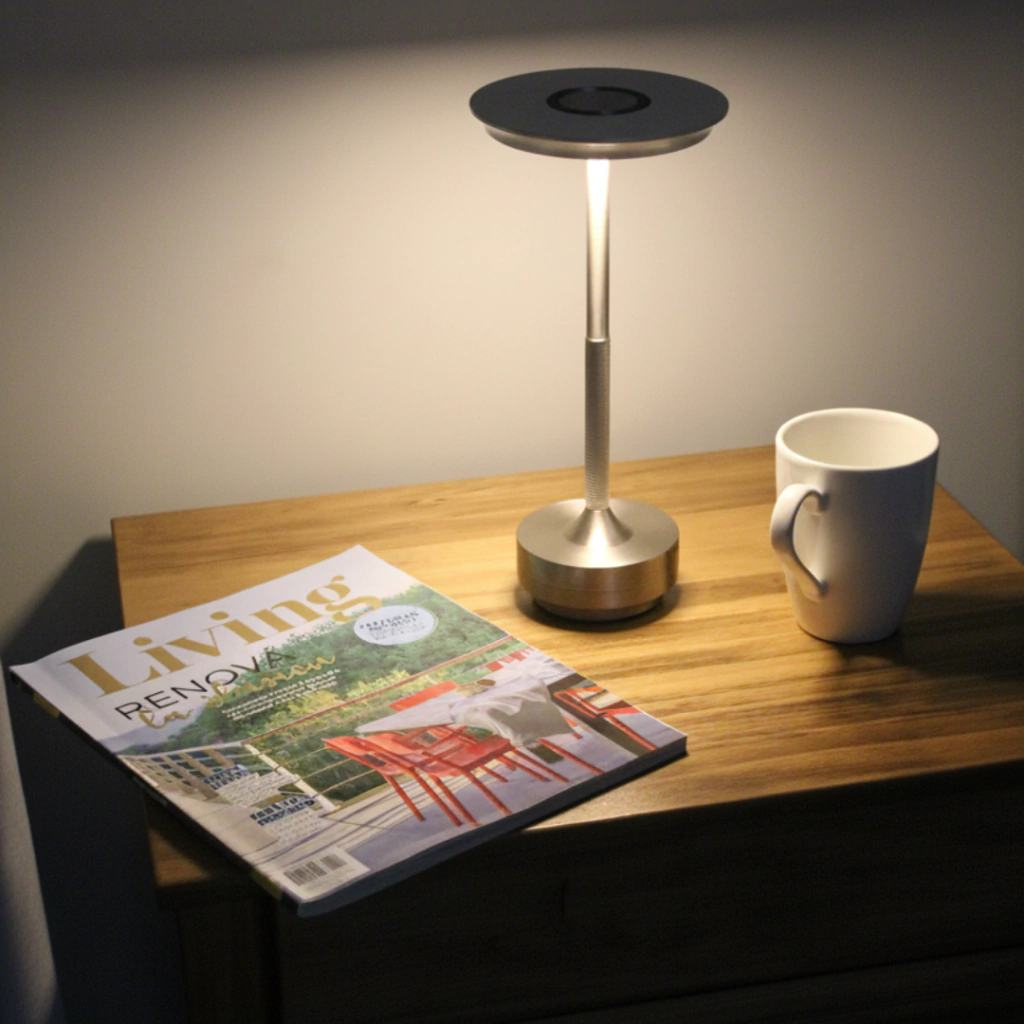 Lámpara touch sobre mesa de noche